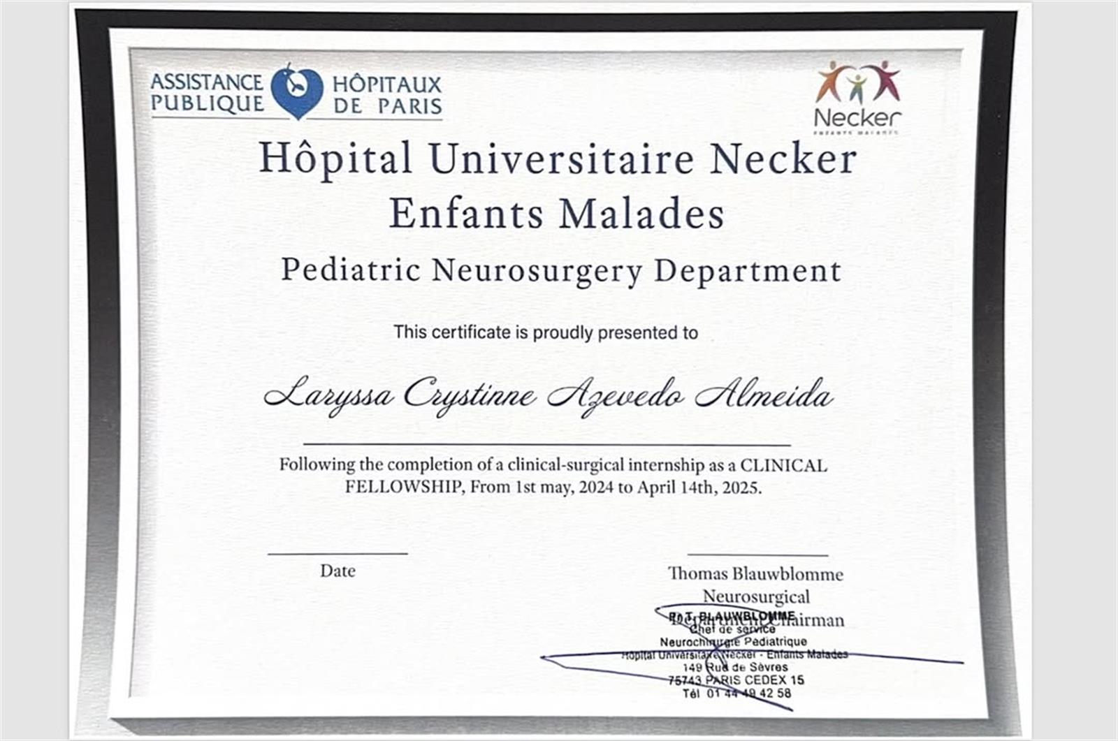 Certificado de fellowship em neurocirurgia pediátrica